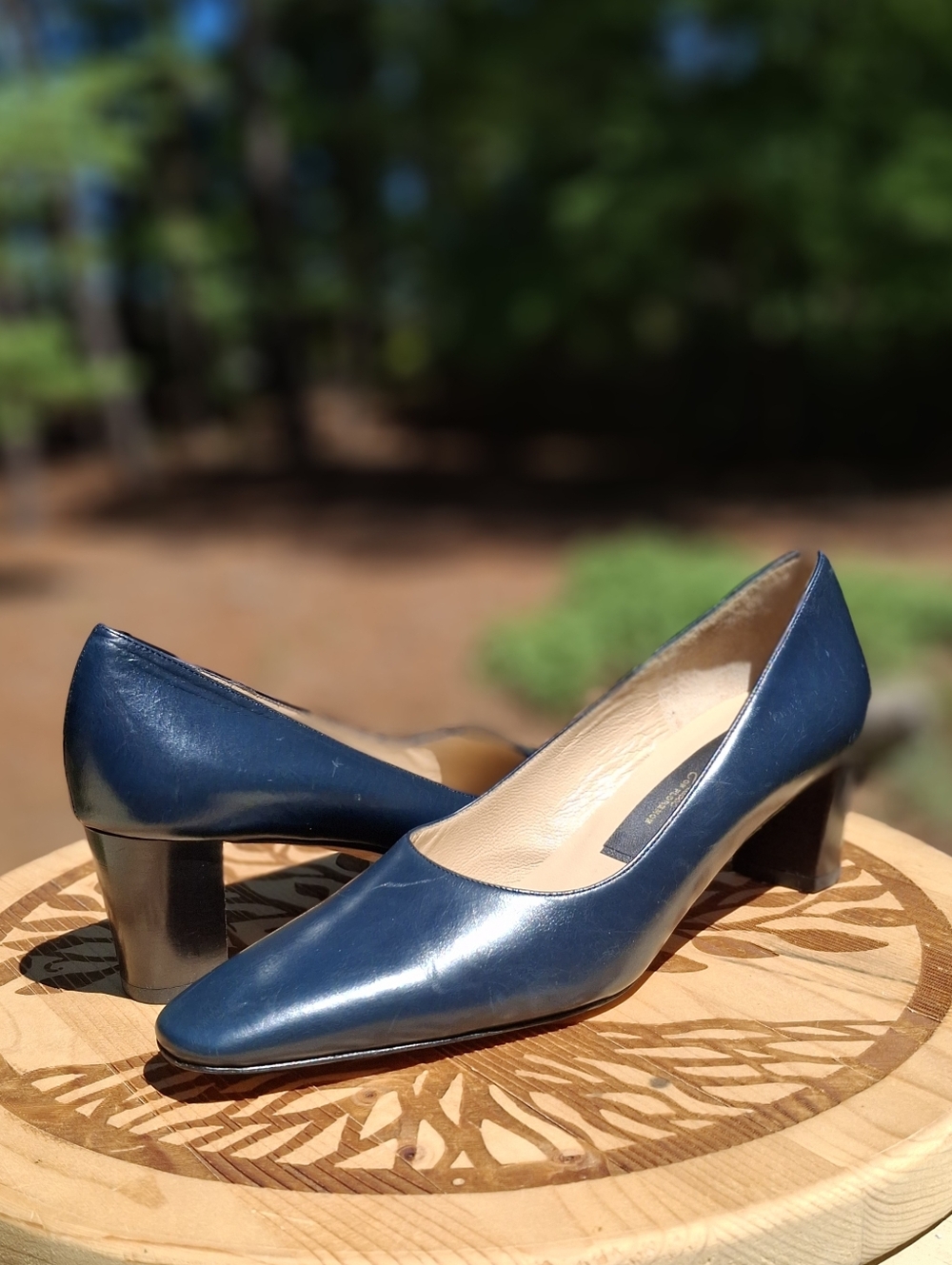 VTG 70's 80's Sesto Meucci Florence Italy Navy Leather Block Heel Pumps Size 8AA